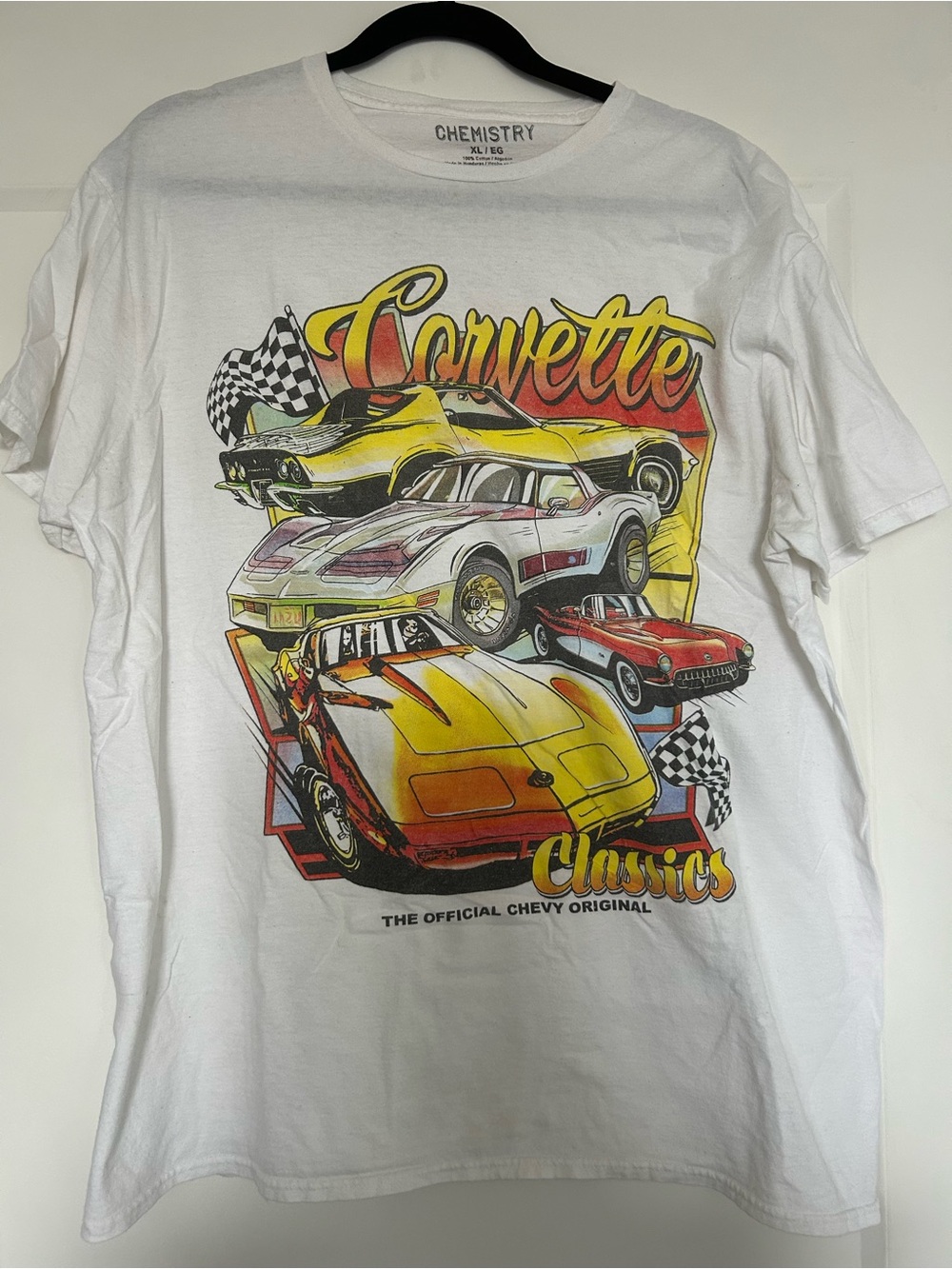 Chemistry White Corvette Classics Graphic Tee with Yellow and Red Car Art